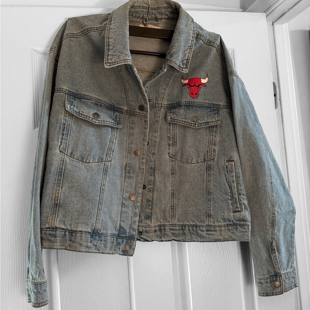Red and Blue Cropped Jean Jacket with Distressed Finish